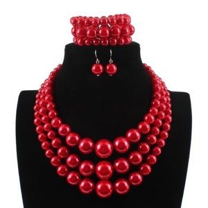 3 piece set - Three Layered Red Beaded Necklace Set
